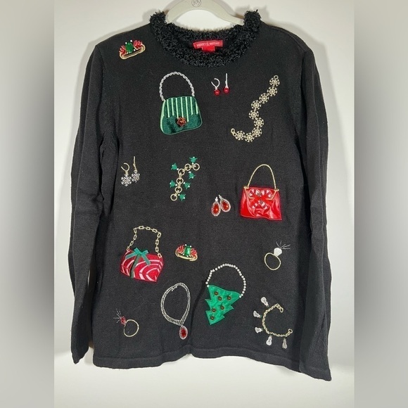 Merry & Bright black embellished embroidered Christmas sweater sz L bling glam - Picture 1 of 11